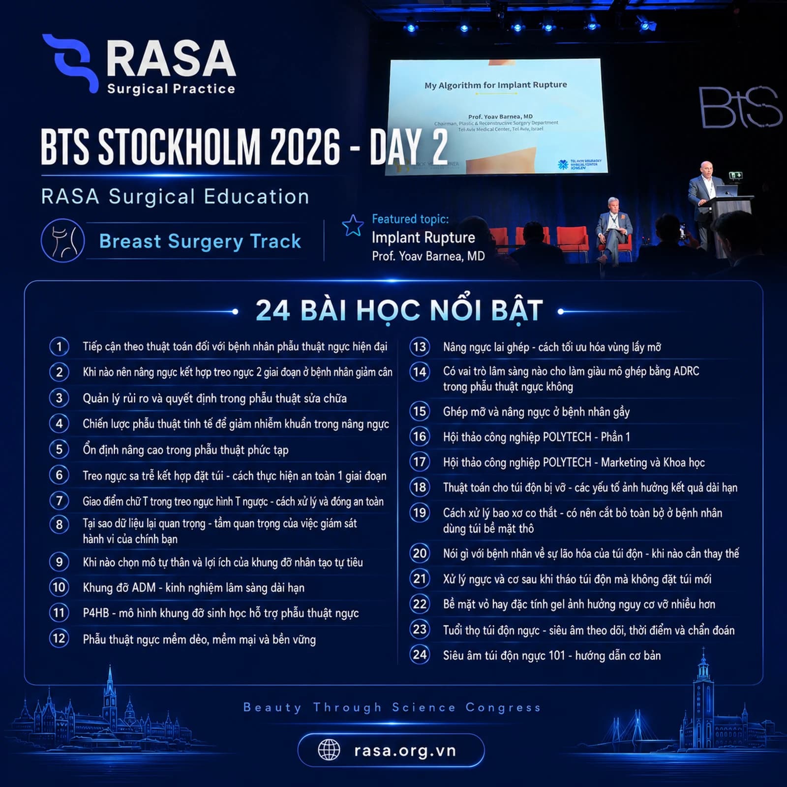 Overview of the 24 highlighted lessons from BTS Stockholm 2026 Day 2 in RASA Surgical Education